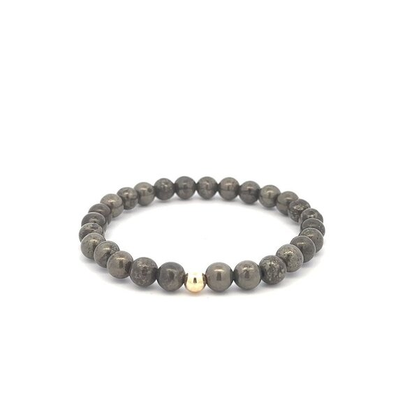 Natural Pyrite 6mm Stretchable Bracelet 18k Gold Bead Charm - Picture 1 of 5